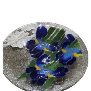 Retired Peggy Karr Fused Art Glass Blue Iris Flower 8" Bowl Ruffled Edge